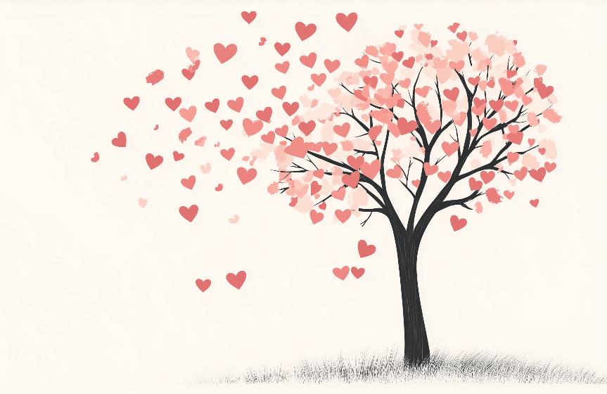 Papier peint arbre en cœurs romantique