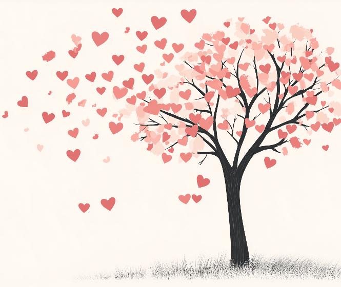 Papier peint arbre en cœurs romantique