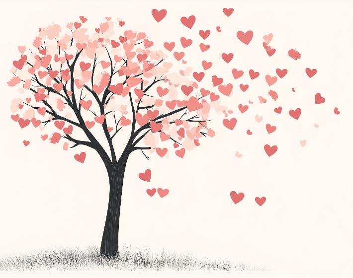 Papier peint arbre en cœurs romantique