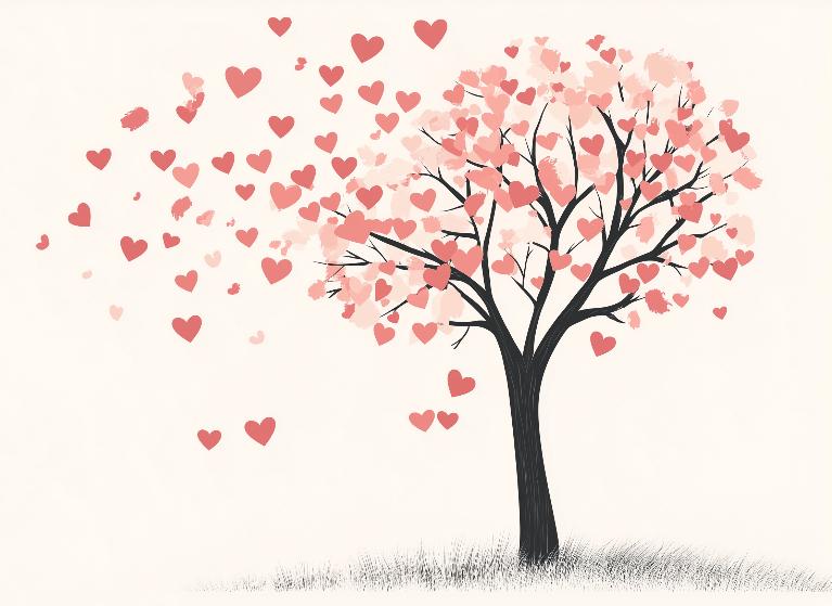 Papier peint arbre en cœurs romantique