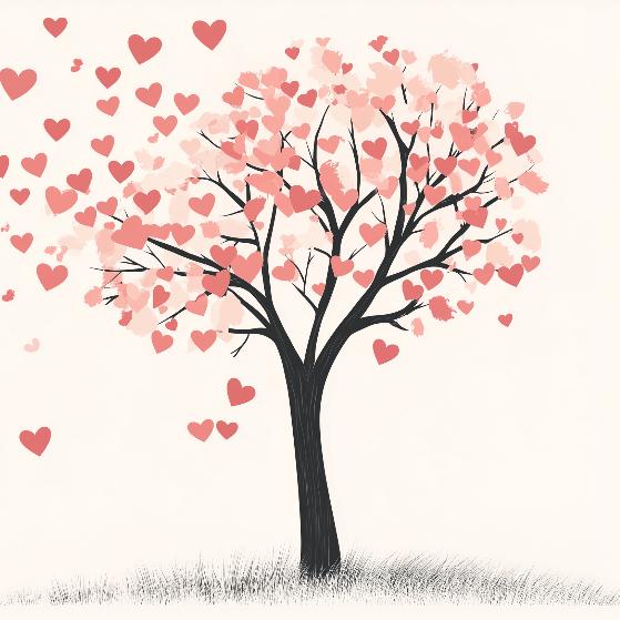 Papier peint arbre en cœurs romantique