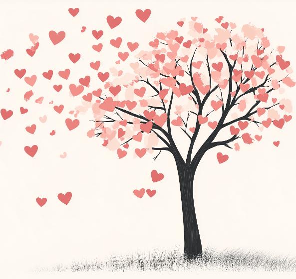 Papier peint arbre en cœurs romantique