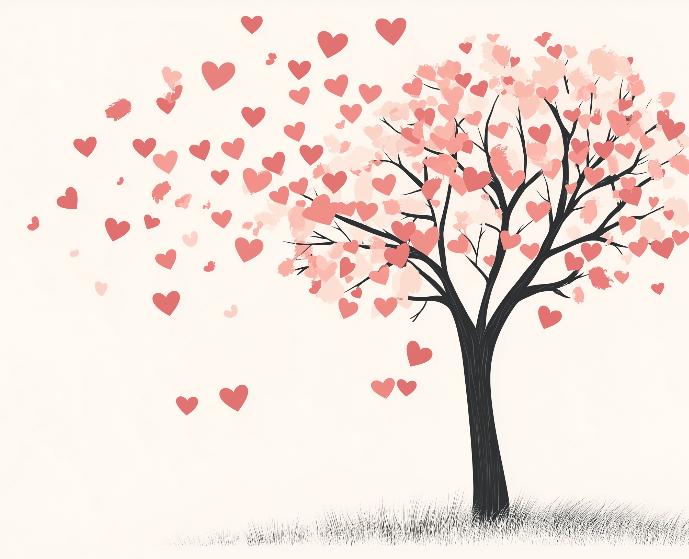 Papier peint arbre en cœurs romantique