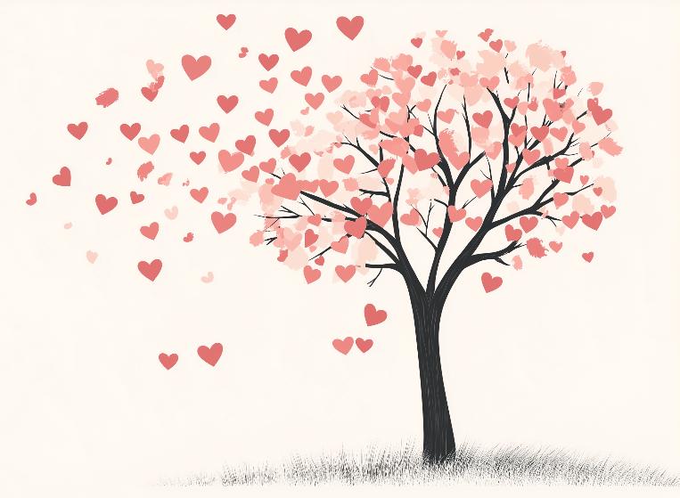 Papier peint arbre en cœurs romantique