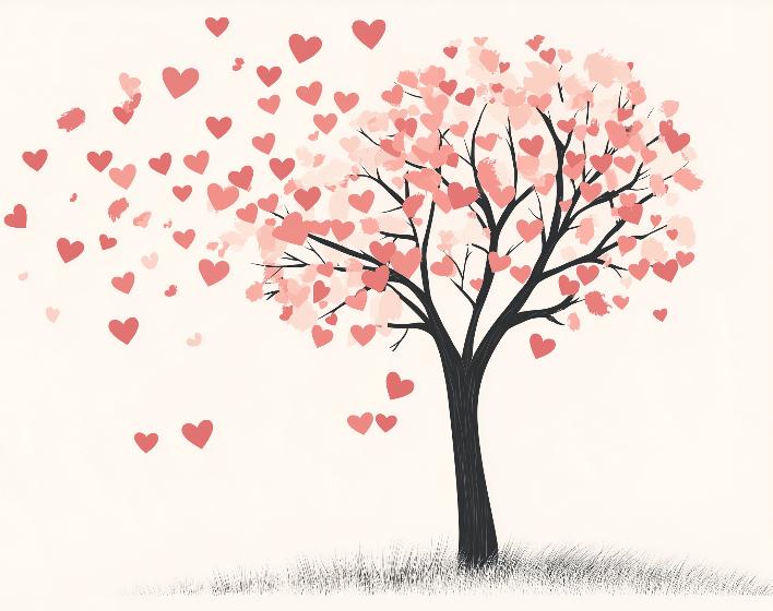 Papier peint arbre en cœurs romantique