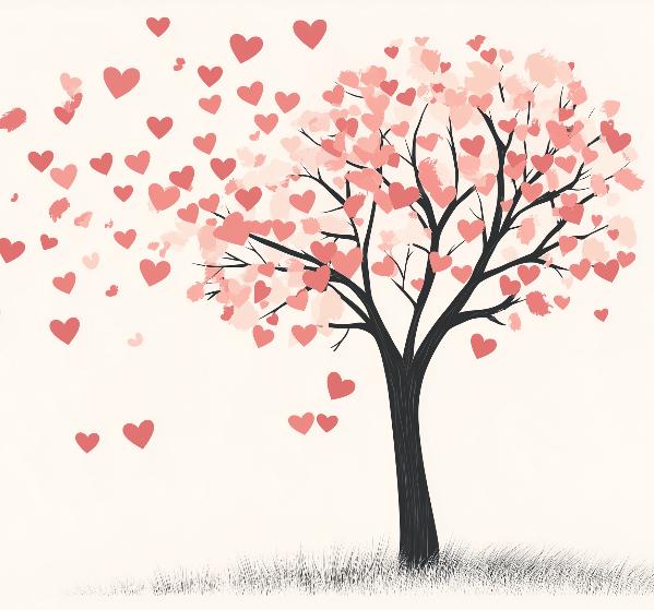 Papier peint arbre en cœurs romantique