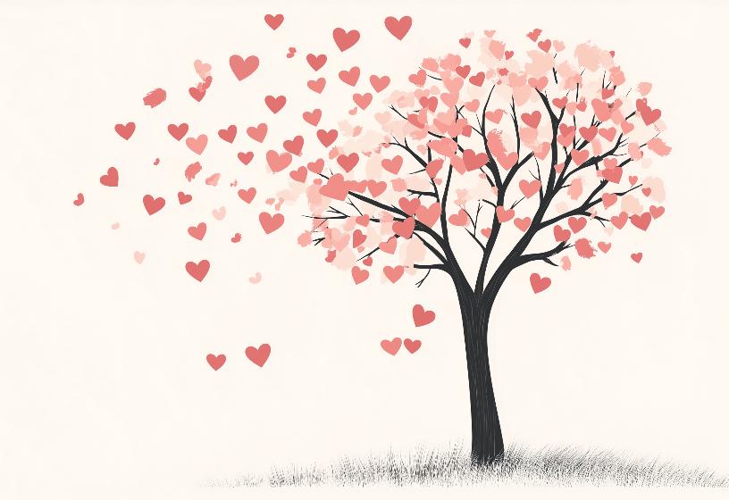 Papier peint arbre en cœurs romantique