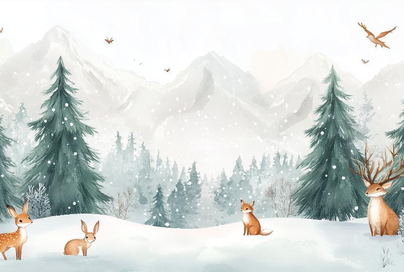 Papier peint enfant animaux forêt enchantée d'hiver