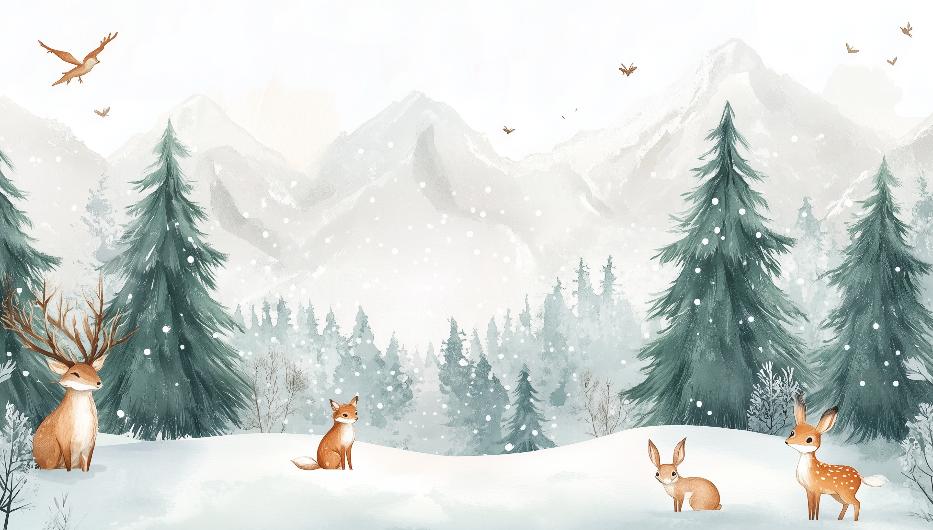 Papier peint enfant animaux forêt enchantée d'hiver