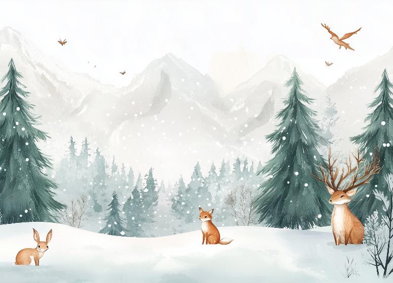 Papier peint enfant animaux forêt enchantée d'hiver