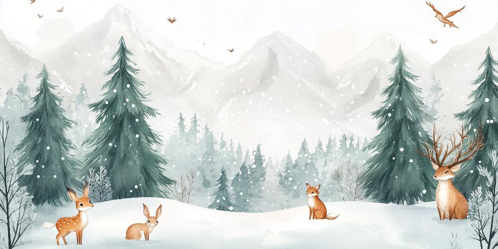 Papier peint enfant animaux forêt enchantée d'hiver