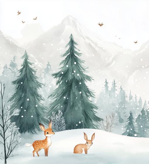 Papier peint enfant animaux forêt enchantée d'hiver