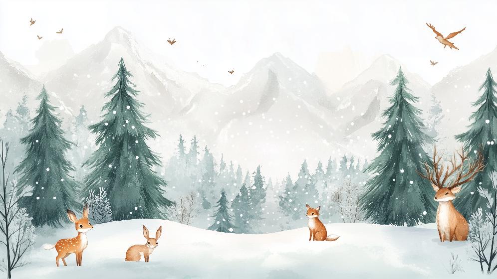 Papier peint enfant animaux forêt enchantée d'hiver