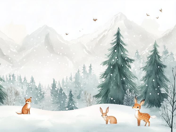 Papier peint enfant animaux forêt enchantée d'hiver