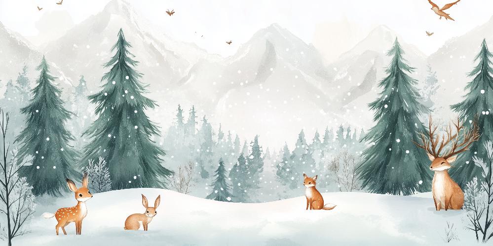 Papier peint enfant animaux forêt enchantée d'hiver