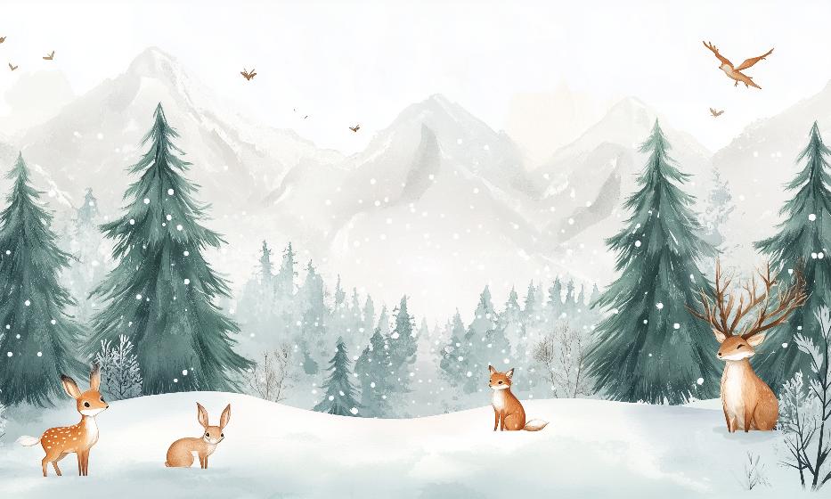 Papier peint enfant animaux forêt enchantée d'hiver