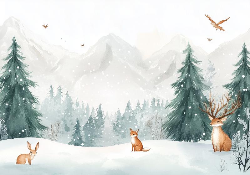 Papier peint enfant animaux forêt enchantée d'hiver