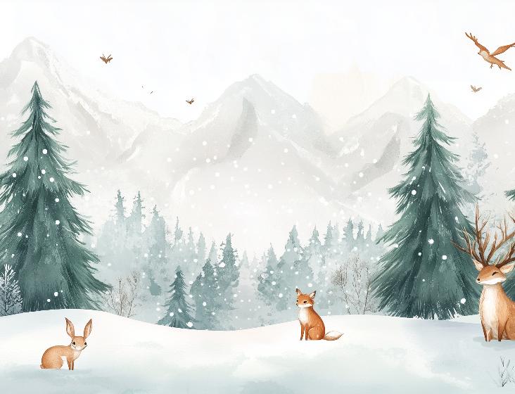 Papier peint enfant animaux forêt enchantée d'hiver