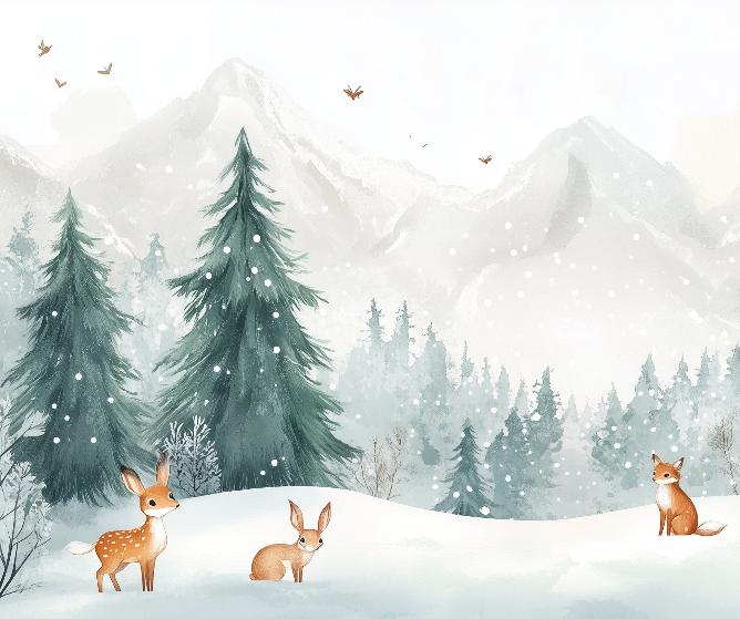 Papier peint enfant animaux forêt enchantée d'hiver