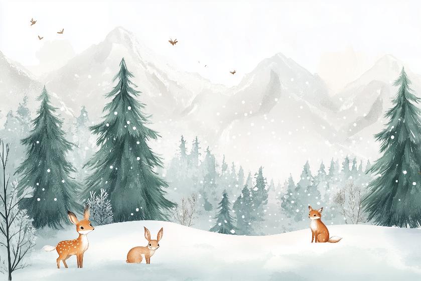 Papier peint enfant animaux forêt enchantée d'hiver