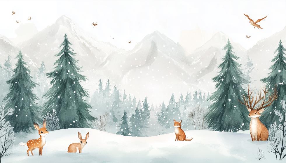 Papier peint enfant animaux forêt enchantée d'hiver