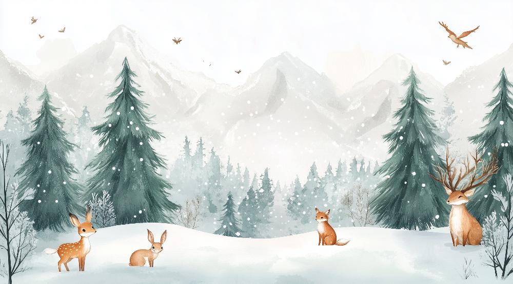 Papier peint enfant animaux forêt enchantée d'hiver