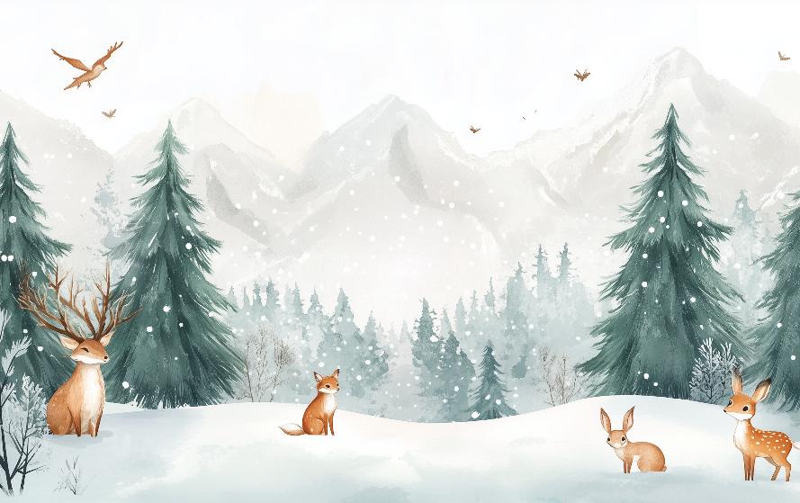 Papier peint enfant animaux forêt enchantée d'hiver