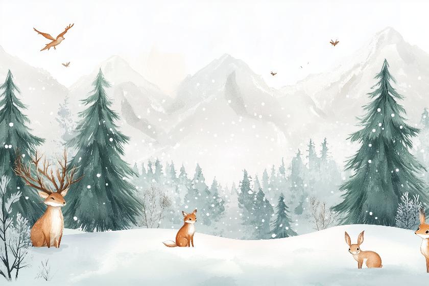 Papier peint enfant animaux forêt enchantée d'hiver