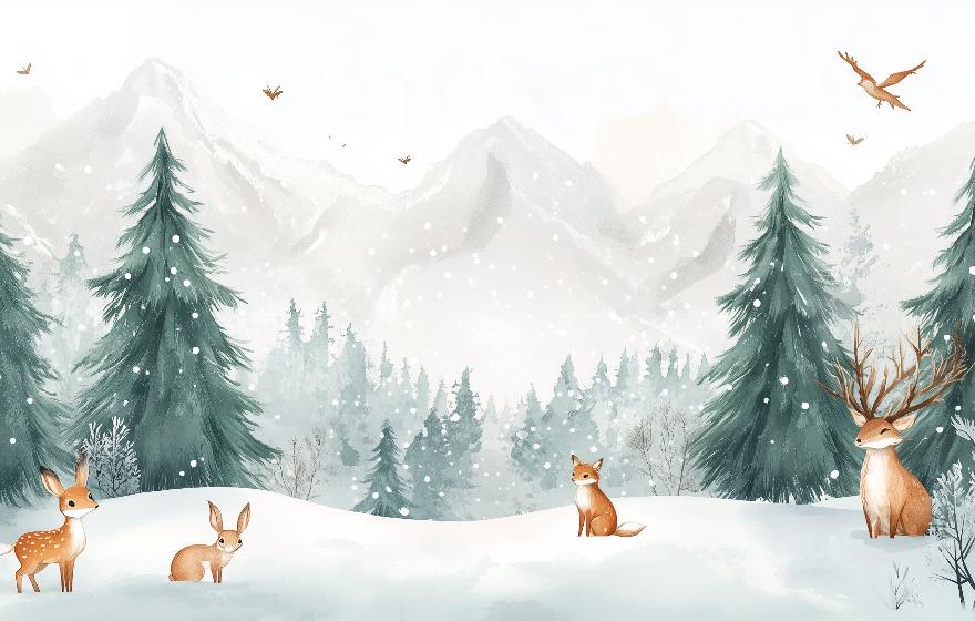 Papier peint enfant animaux forêt enchantée d'hiver