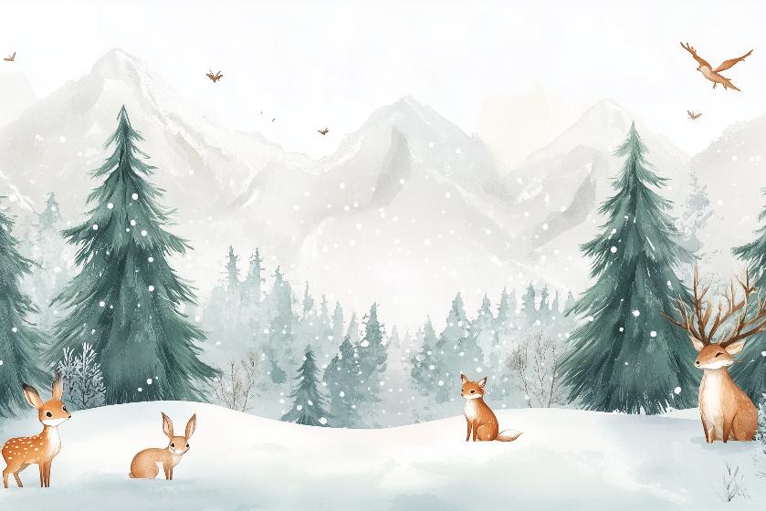 Papier peint enfant animaux forêt enchantée d'hiver