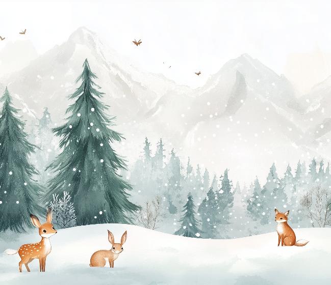 Papier peint enfant animaux forêt enchantée d'hiver