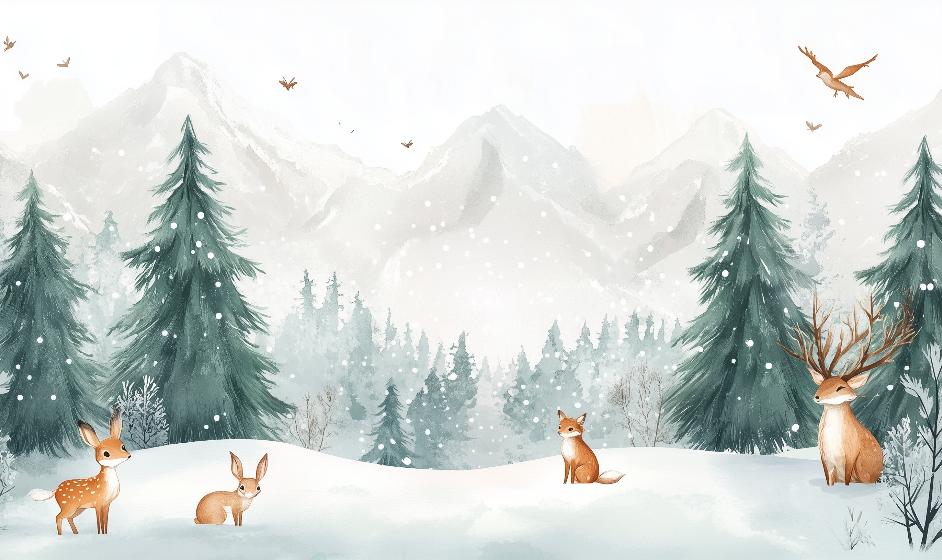Papier peint enfant animaux forêt enchantée d'hiver