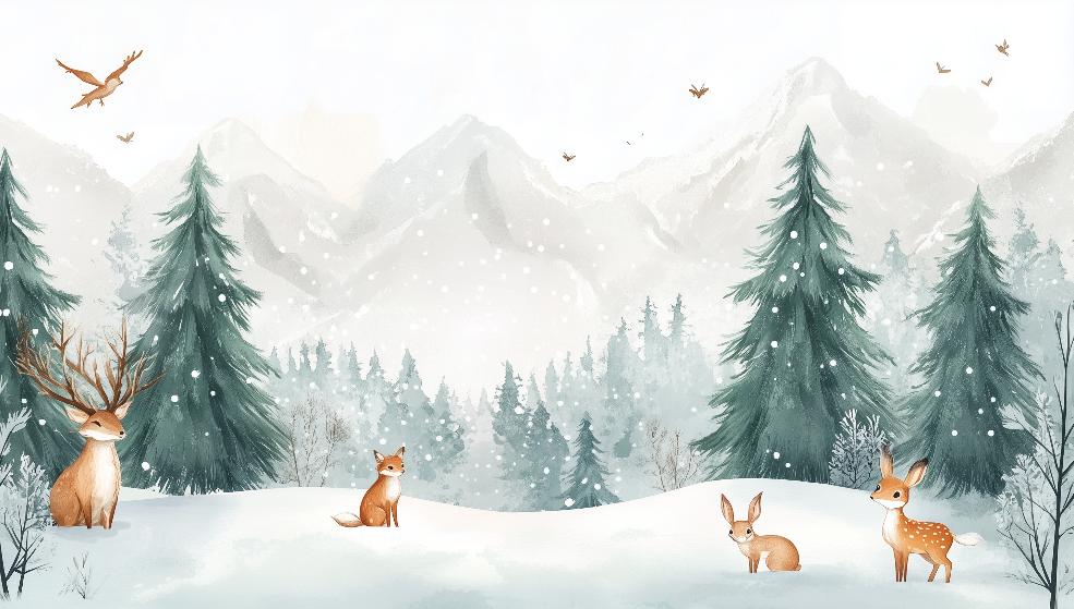 Papier peint enfant animaux forêt enchantée d'hiver