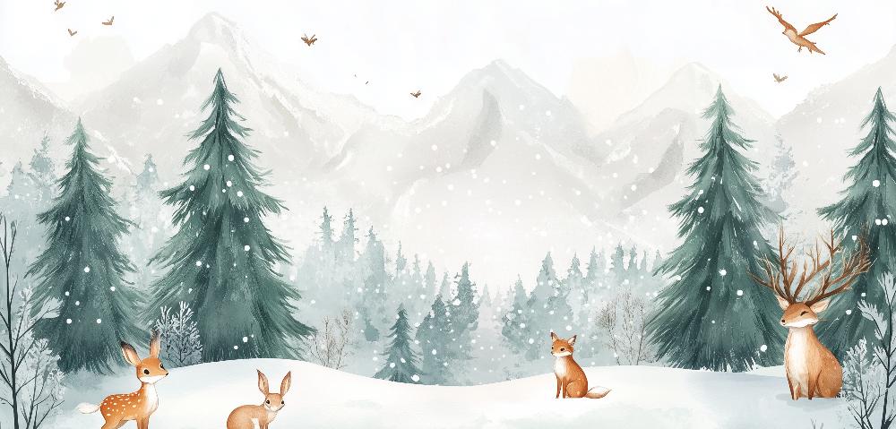 Papier peint enfant animaux forêt enchantée d'hiver