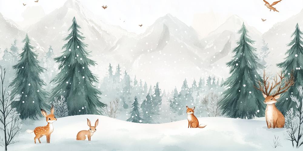 Papier peint enfant animaux forêt enchantée d'hiver
