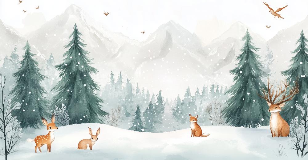 Papier peint enfant animaux forêt enchantée d'hiver