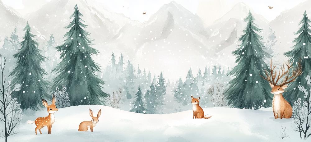 Papier peint enfant animaux forêt enchantée d'hiver