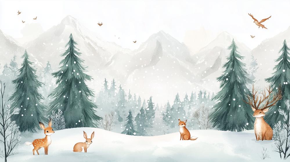 Papier peint enfant animaux forêt enchantée d'hiver