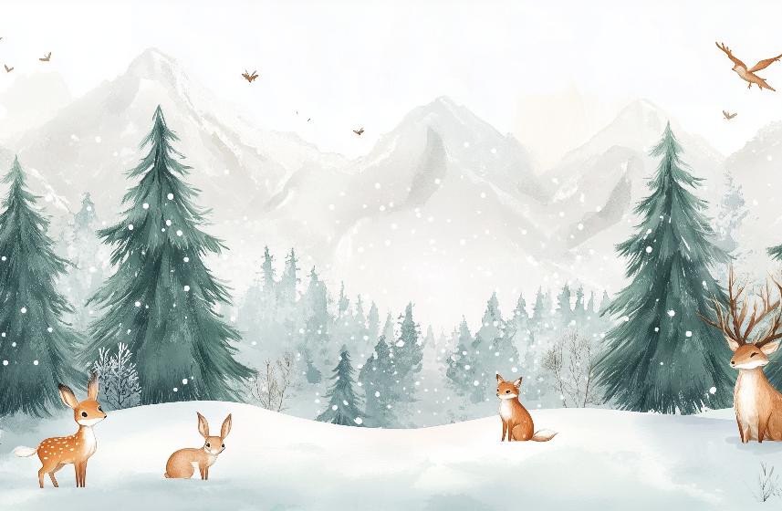 Papier peint enfant animaux forêt enchantée d'hiver