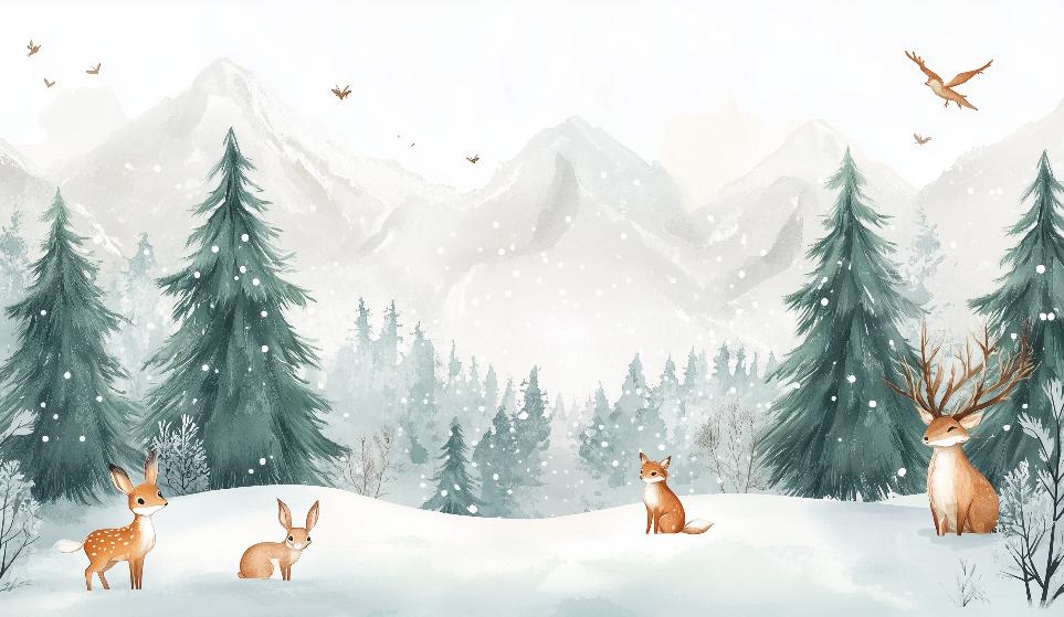 Papier peint enfant animaux forêt enchantée d'hiver