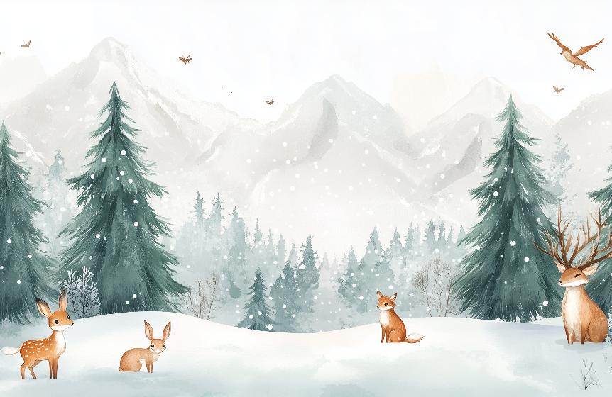 Papier peint enfant animaux forêt enchantée d'hiver