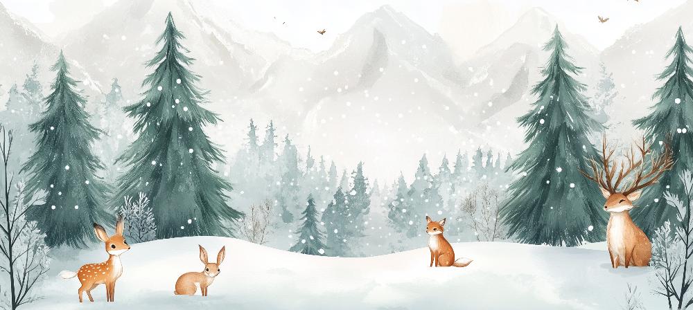 Papier peint enfant animaux forêt enchantée d'hiver