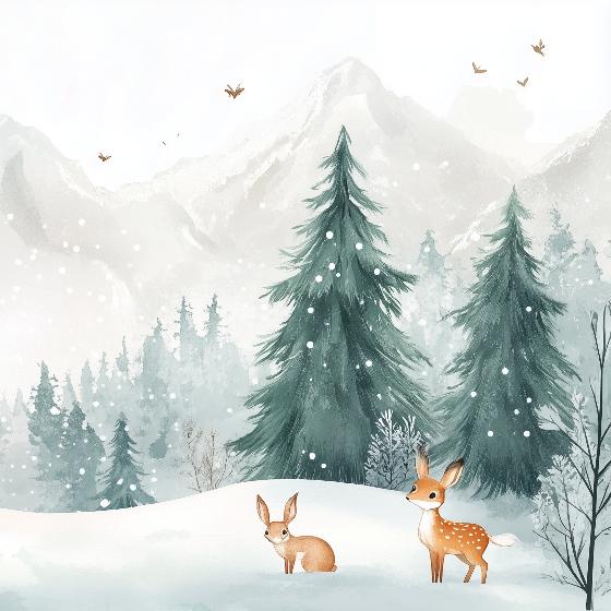 Papier peint enfant animaux forêt enchantée d'hiver