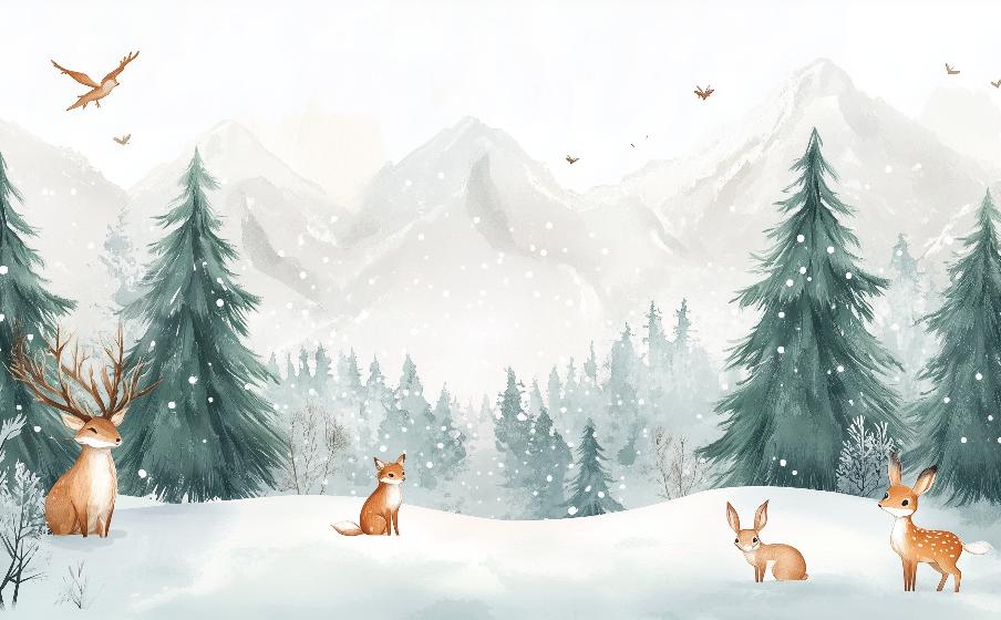 Papier peint enfant animaux forêt enchantée d'hiver