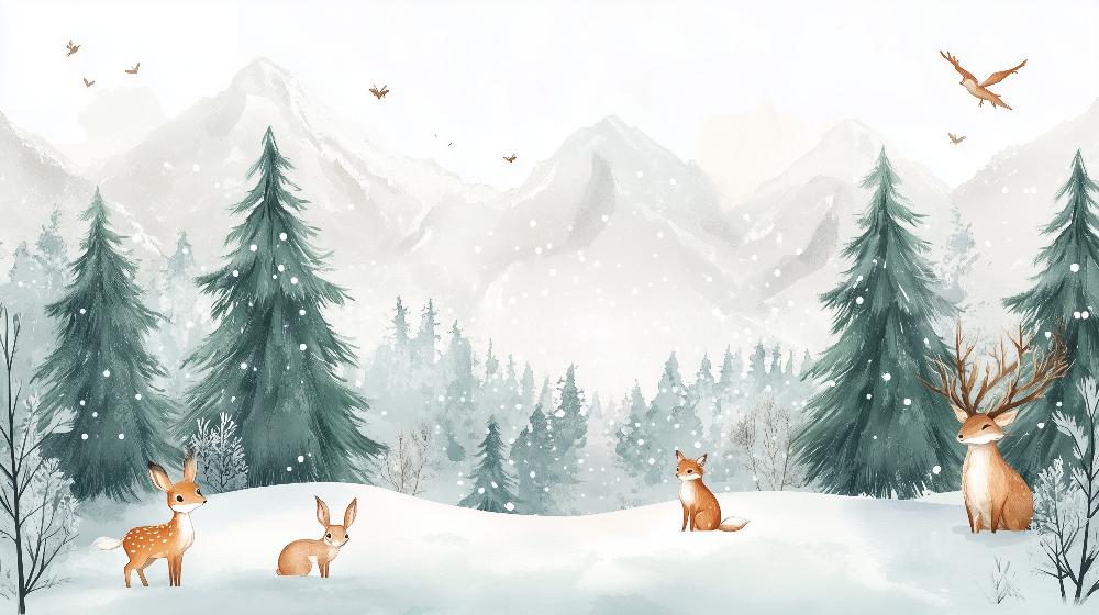 Papier peint enfant animaux forêt enchantée d'hiver
