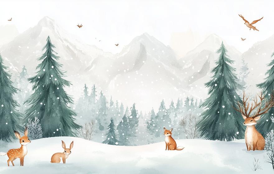 Papier peint enfant animaux forêt enchantée d'hiver