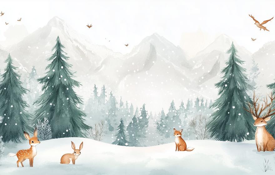 Papier peint enfant animaux forêt enchantée d'hiver