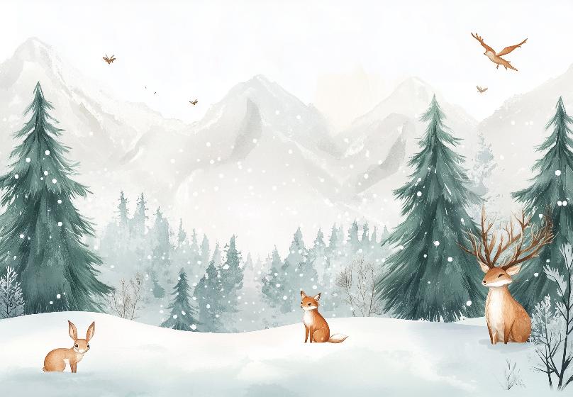 Papier peint enfant animaux forêt enchantée d'hiver