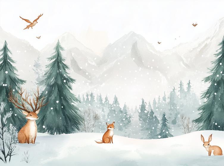 Papier peint enfant animaux forêt enchantée d'hiver