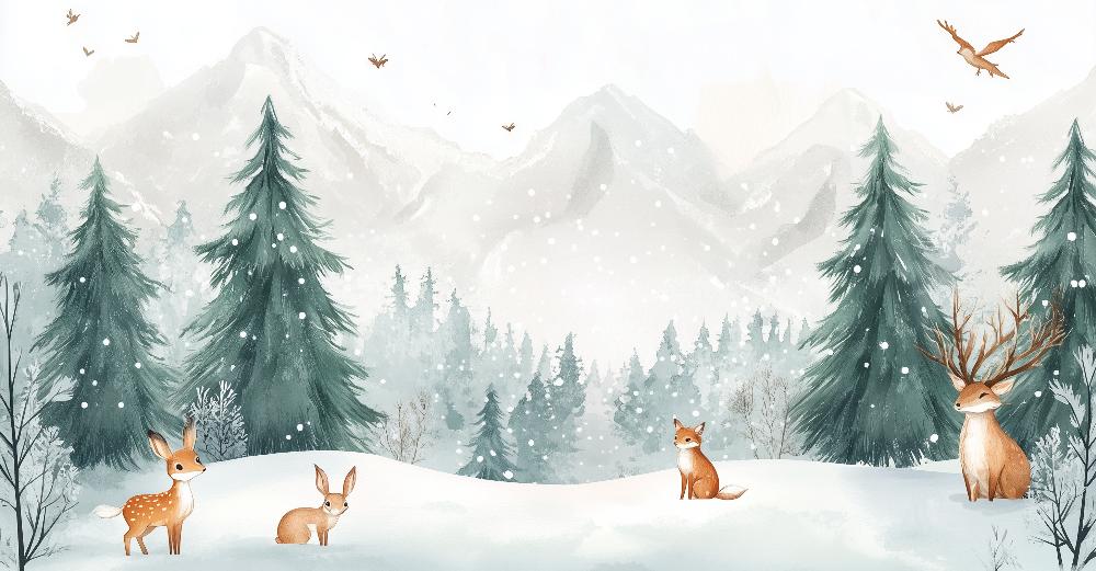 Papier peint enfant animaux forêt enchantée d'hiver